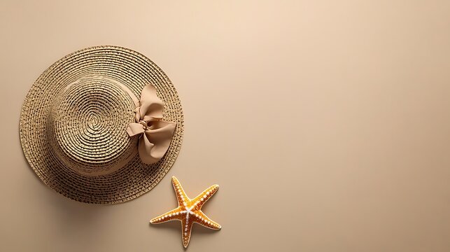 A chic straw beach hat next to a starfish on a smooth beige background viewed from above