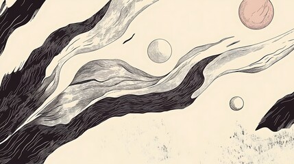 Wall Mural - Abstract cosmic illustration with flowing lines and planets.