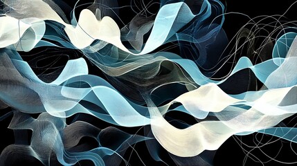 Poster - Abstract swirling light blue, white, and gray lines on black background.