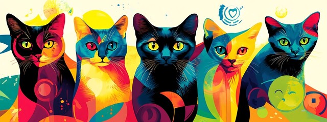 Canvas Print - Five vibrant, colorful cats in an abstract art style.