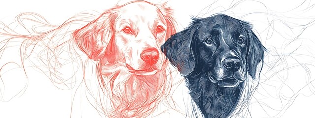 Canvas Print - Two dogs, Golden Retriever and Flat-Coated Retriever, sketched in red and blue.