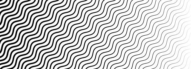 Poster - Black curved stripe texture gradient. Wave line pattern wallpaper. Fading wavy linear halftone gradation. Thin to thick zigzag strike background for overlay, print, cover, graphic design. Vector