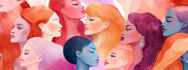 Poster - Diverse women's faces in pastel tones, watercolor style.
