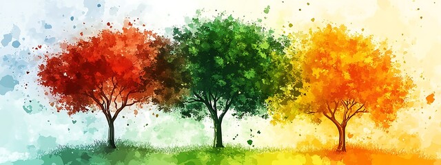 Poster - Three trees representing the four seasons, painted in watercolor style.