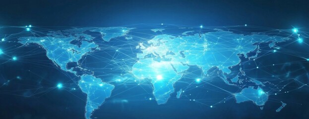 an abstract background showcasing a world map with interconnected nodes.