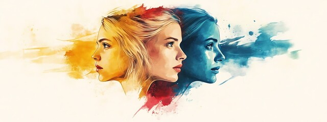 Poster - Watercolor painting of three female profiles, yellow, red, and blue.