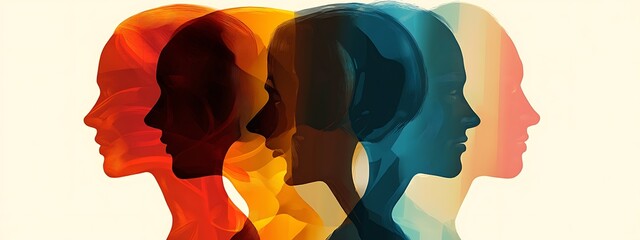 Aufkleber - Colorful overlapping silhouettes of four female profiles.