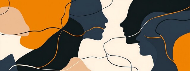 Poster - Abstract art of two faces in profile, connected by flowing lines and shapes.