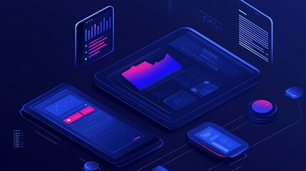 Poster - Isometric view of digital devices displaying data.