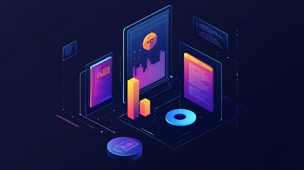 Poster - Isometric illustration of data analytics and visualization on digital devices.