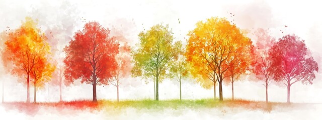 Poster - Colorful autumn trees in a row, watercolor style.