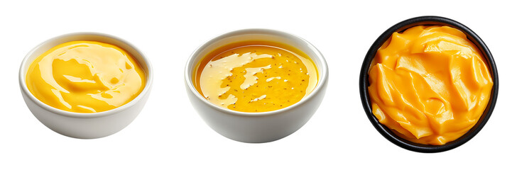 Wall Mural - Set of a bowl of yellow sauce with smooth texture, isolated on a transparent background.