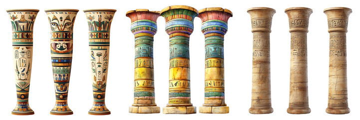 Set of Egyptian-style columns adorned with hieroglyphs, isolated on a transparent background.