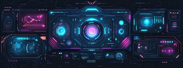 Aufkleber - Futuristic digital interface with glowing neon displays and central control panel.
