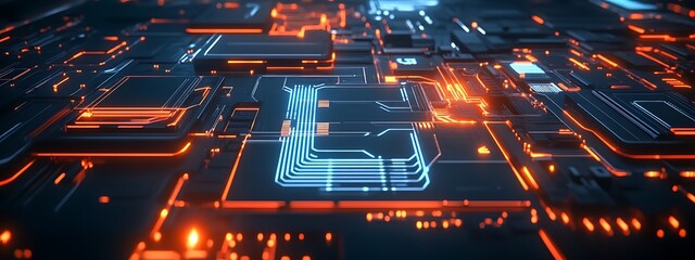 Poster - Abstract digital circuit board glowing with orange and blue light.