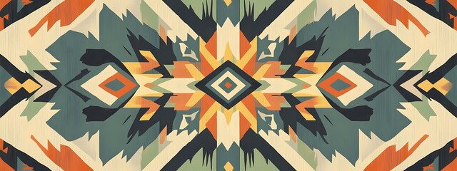 Poster - Symmetrical abstract geometric pattern design in teal, orange, and beige tones.