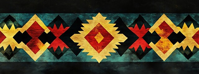 Poster - Geometric ethnic pattern with red, yellow, and black shapes on a teal background.