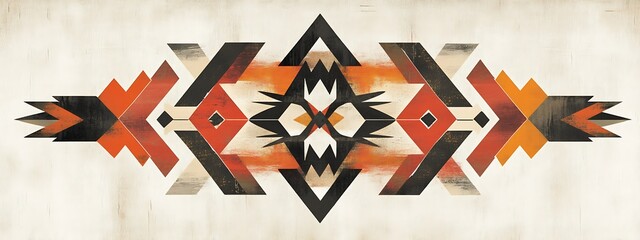 Poster - Geometric ethnic pattern design in orange, black and beige tones.