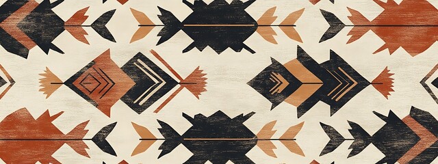 Poster - Geometric tribal pattern with orange and black shapes on a beige background.