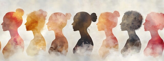 Aufkleber - Watercolor silhouettes of diverse women in profile, representing unity and diversity.