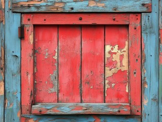 Red and blue weathered wood panel.