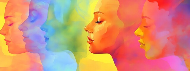 Poster - Colorful abstract portrait of women's faces in profile.