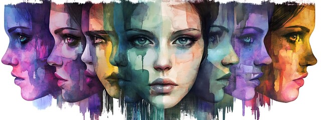 Poster - Abstract watercolor painting of multiple female faces, blending colors and emotions.