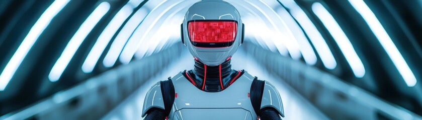 Poster - Futuristic robot encounter in high-tech tunnel sci-fi artwork neon environment close-up perspective