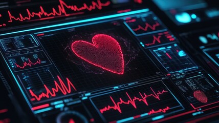 Poster - Health info data access concept. Health monitoring heartbeat data visualization in a digital environment medical technology concept