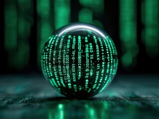 Poster - Digital sphere of green code futuristic data visualization abstract concept dark environment close-up view