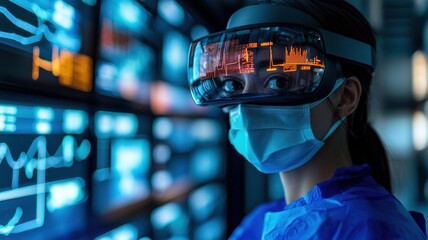 Poster - Medical professional analyzing data high-tech lab digital visualization futuristic environment close-up view