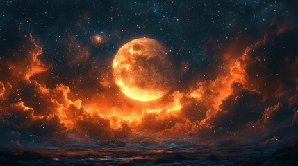 Wall Mural - Fiery orange moon, starlit sky, fiery clouds.