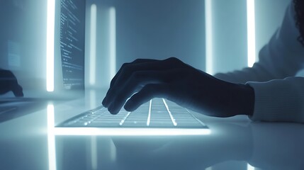 Poster - Hands type on glowing keyboard.