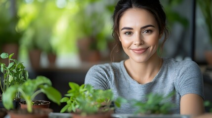 Aufkleber - Woman programming a smart greenhouse system to automate the watering and temperature regulation for indoor plants using a digital device and interface for efficient plant care and cultivation