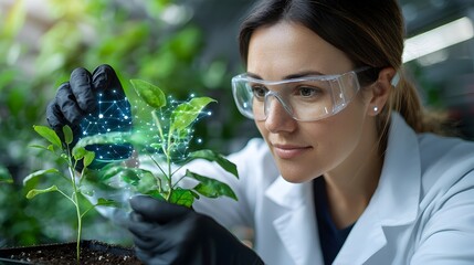 Aufkleber - Female Horticulturist Monitoring Plant Growth with Smart Analytics in Tech Integrated Greenhouse