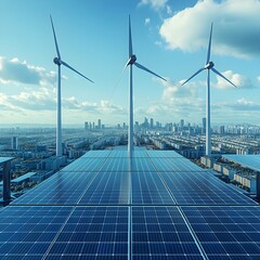 Leinwandbilder - Sleek and modern solar panels and wind turbines seamlessly integrated into a vibrant urban cityscape efficiently generating renewable power for a sustainable future  This dynamic minimalist