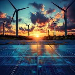 Poster - Renewable Energy Powerhouse A smart grid energized by the combined efforts of advanced solar panels and towering wind turbines delivering a clean energy revolution against a vibrant
