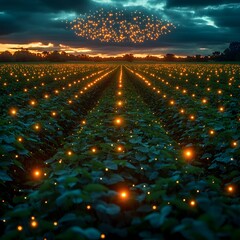 Poster - Aerial view of a lush verdant soybean crop field with a lattice of illuminated digital nodes drifting above showcasing the of smart farming systems and a cyberpunk inspired aesthetic