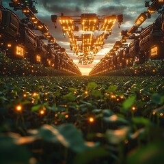 Aufkleber - Aerial view of a lush verdant soybean crop field with a lattice of illuminated digital nodes drifting above