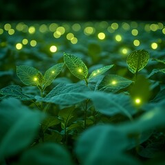 Aufkleber - Lush green soybean field stretching out to the horizon adorned with a mesmerizing array of luminescent data points that signify the future of advanced agricultural technology precision sensors