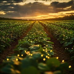 Aufkleber - Sweeping cinematic view of a lush verdant soybean farm with rows of thriving plants accented by a luminous grid of data points hovering above