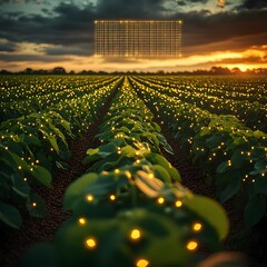 Aufkleber - Sweeping shot of a lush verdant soybean farm with rows of thriving plants a luminous grid of data points hovering above hinting at the power of precision farming in a cinematic