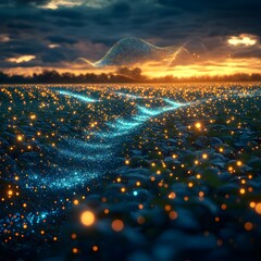 Fototapete - Verdant soybean field bathed in golden hour light a hypnotic display of luminous data particles gracefully undulating above merging the natural and technological impressionistic brushstrokes utopian