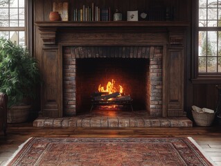 Canvas Print - Cozy fireplace, wooden mantel, warm fire, winter scene.