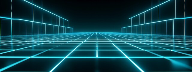 Fototapete - Blue grid neon lights.
