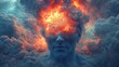 © qorqudlu - Creative Representation of a Human Figure With a Fiery Explosion Emerging From the Head, Surrounded by Dramatic Clouds and an Ethereal Sky