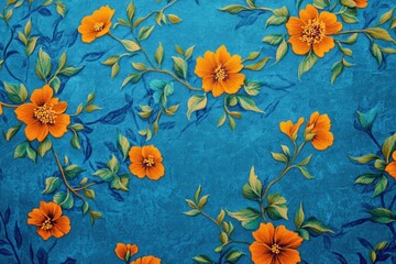 Wall Mural - Orange flowers on green leaves