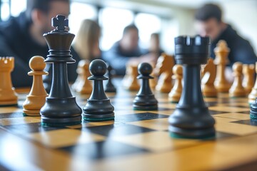 wide shot of chess game in progress chessboard is while players in background are out of focus