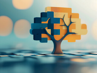 Aufkleber - A colorful, stylized tree made of blocks stands against a blurred background, symbolizing creativity and growth.