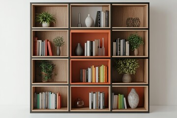 Poster - 3d-rendered modular shelving unit featuring customizable compartments styled with books vases and pl